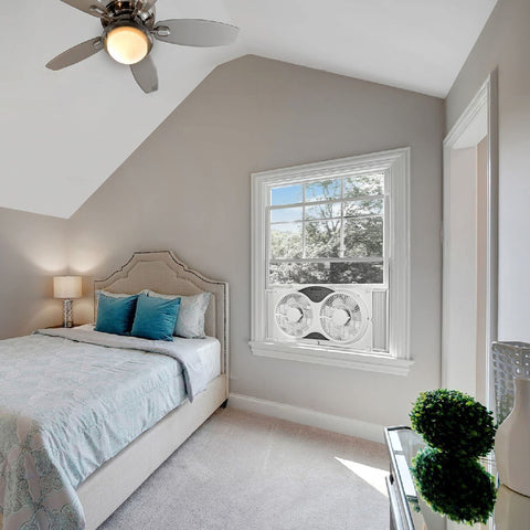Comfort Zone window fan shows three modes: Cool Circulate Exhaust.