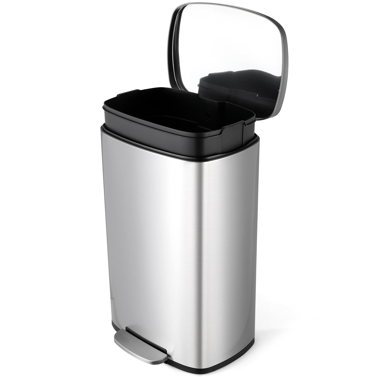 ComfyCorner 8gal trash can with brushed stainless exterior for a sleek kitchen look.