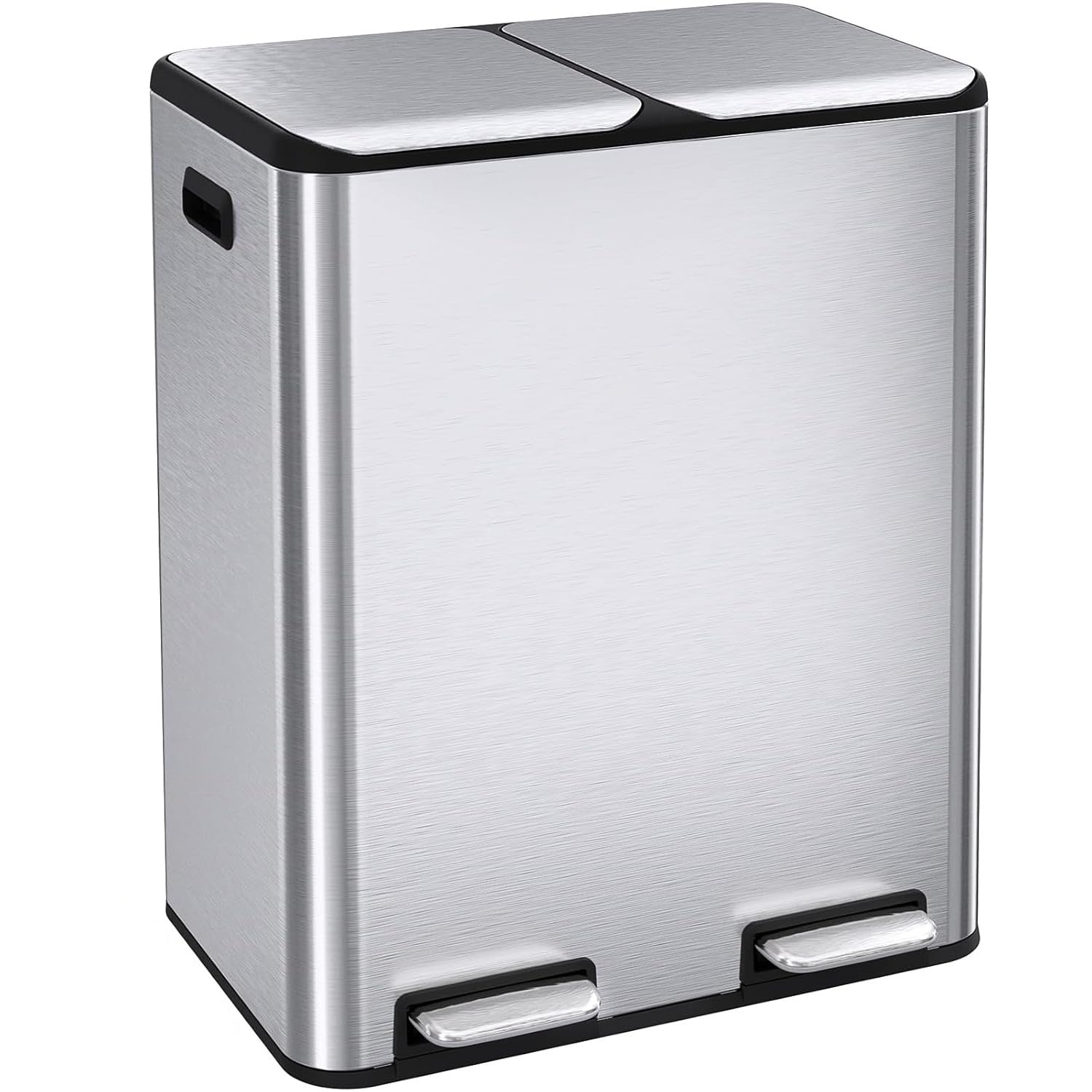 ComfyCorner dual trash bin front view with sleek stainless exterior for a modern kitchen