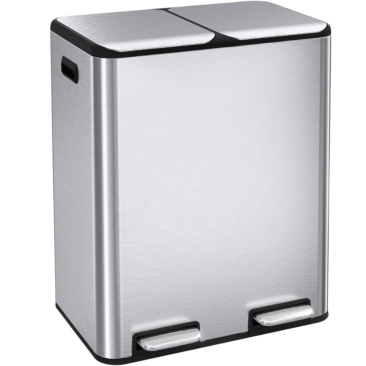 ComfyCorner dual trash bin front view with sleek stainless exterior for a modern kitchen