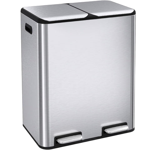 ComfyCorner dual trash bin front view with sleek stainless exterior for a modern kitchen