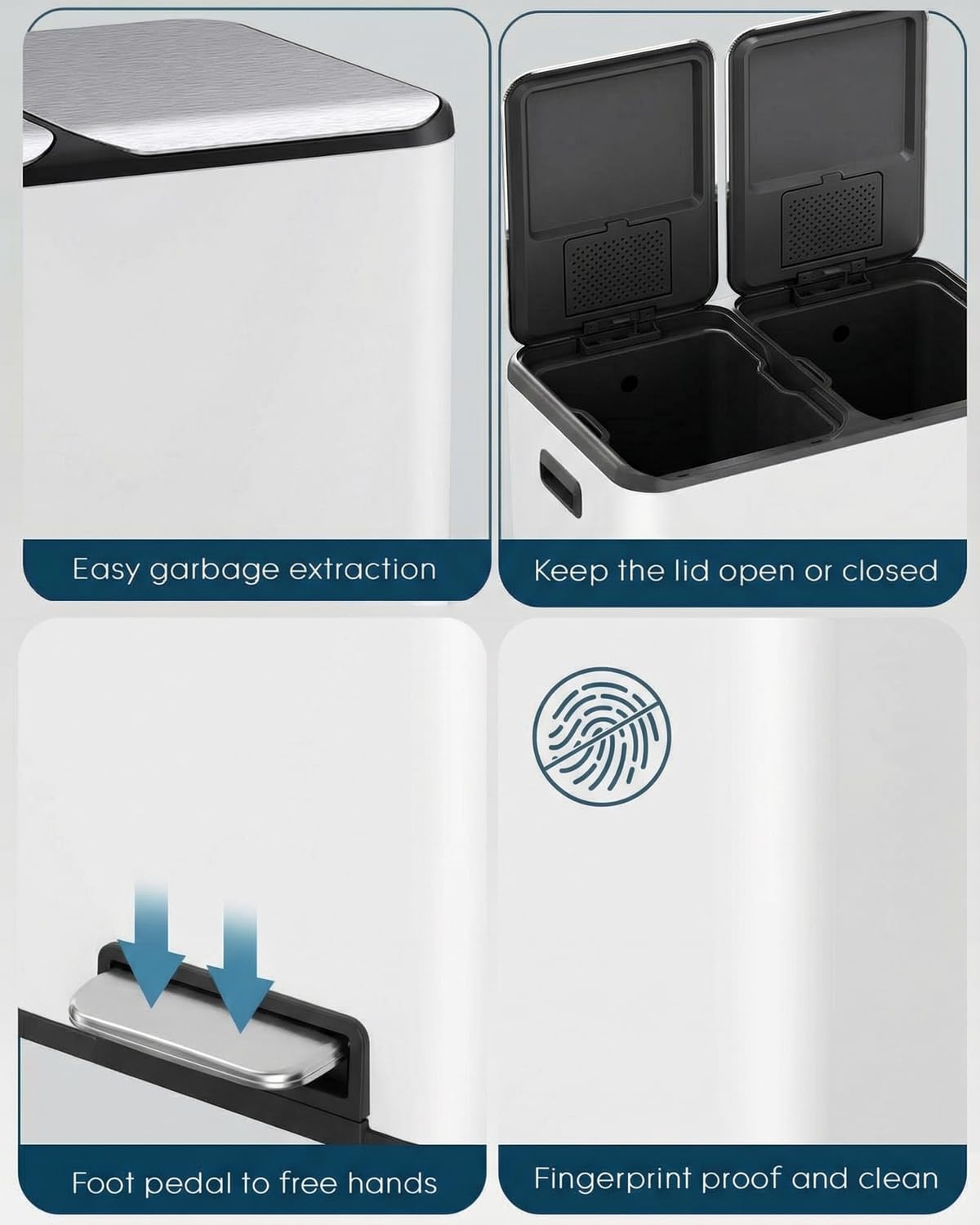 ComfyCorner dual trash bin soft close lid provides quiet closing