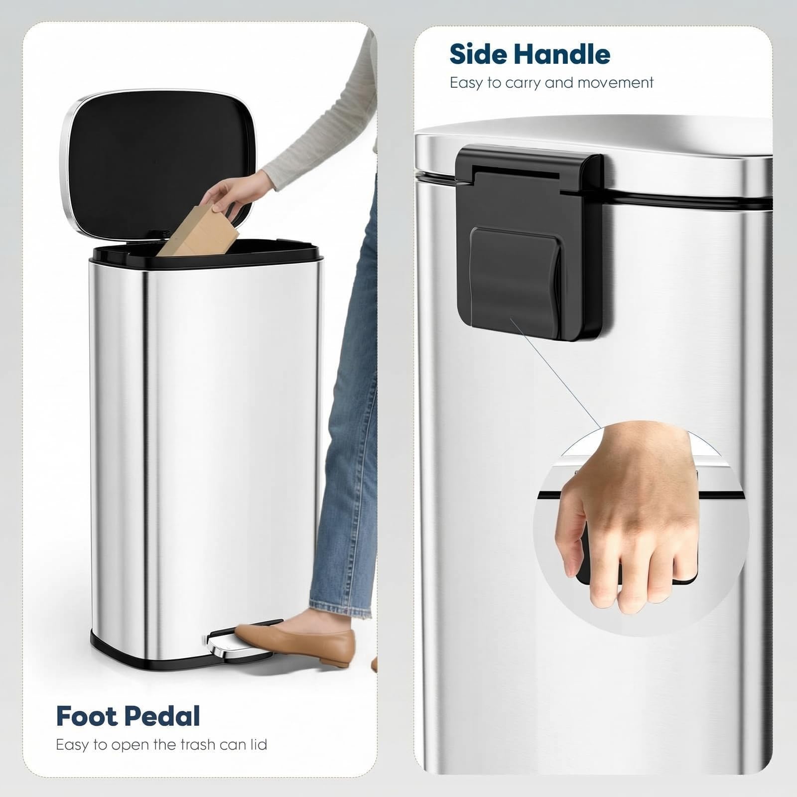 ComfyCorner trash can back-side handle eases moving from room to room.