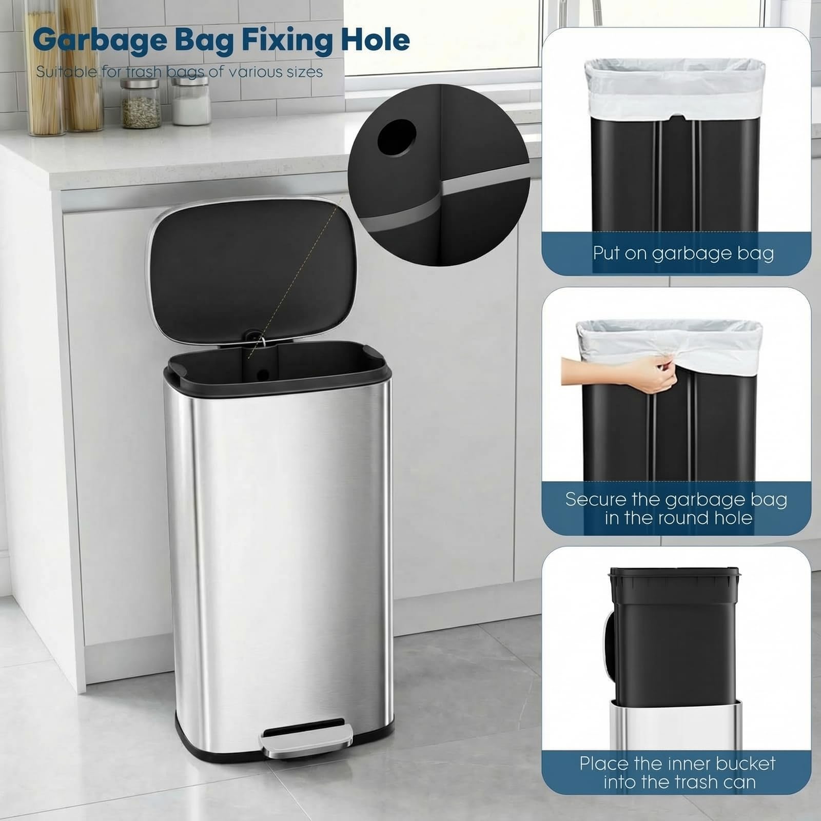 ComfyCorner bag holder and side handles secure bags during disposal.