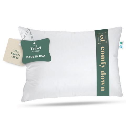 ComfyDown goose-down travel pillow front view highlights premium materials and compact travel size