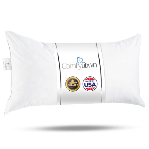 ComfyDown 12x18 lumbar insert complements beds and couches for decorative, practical comfort.