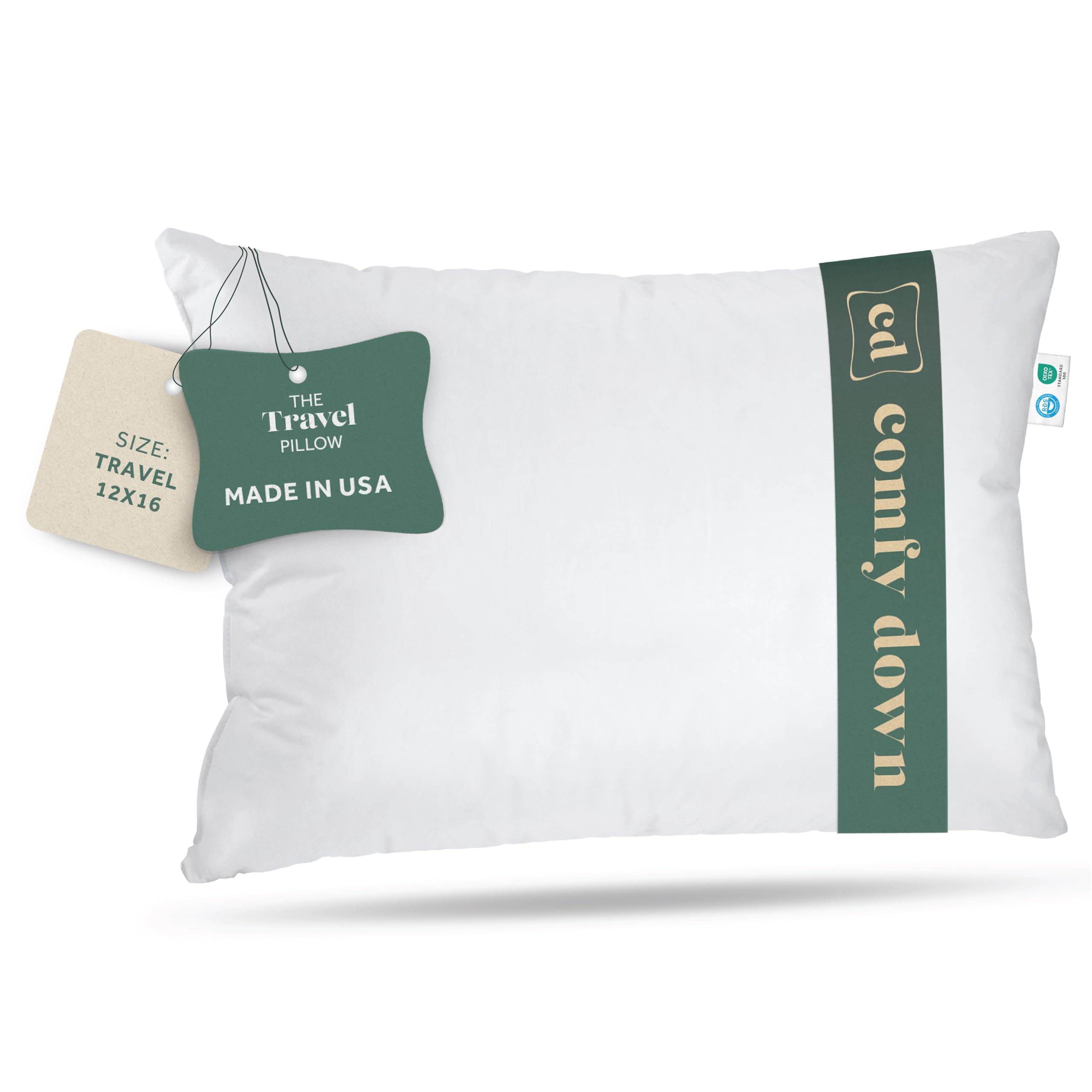 ComfyDown travel pillow packed for travel, showing compact, lightweight support.