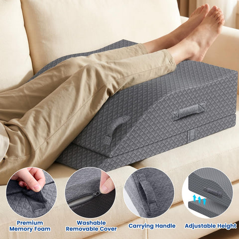 ComfyInLove Elevation Pillow on sofa supporting leg elevation while relaxing