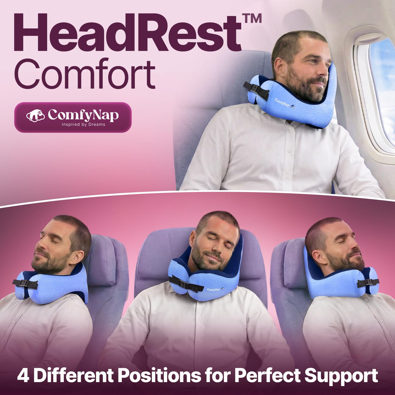 ComfyNap chinrest technique shows under-the-chin support to reduce head bobbing.