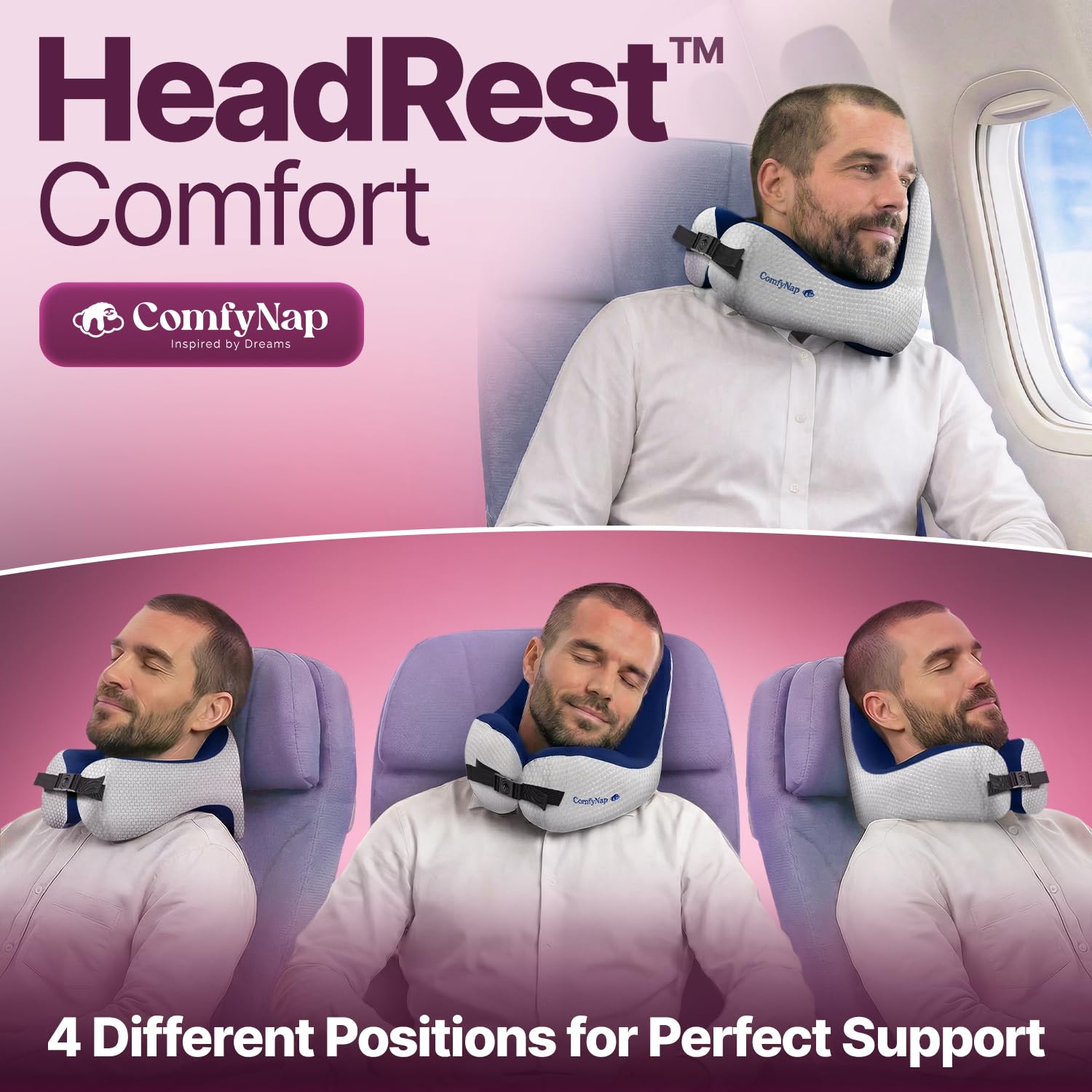 ComfyNap chinrest technique folds under for stable head support on long flights.