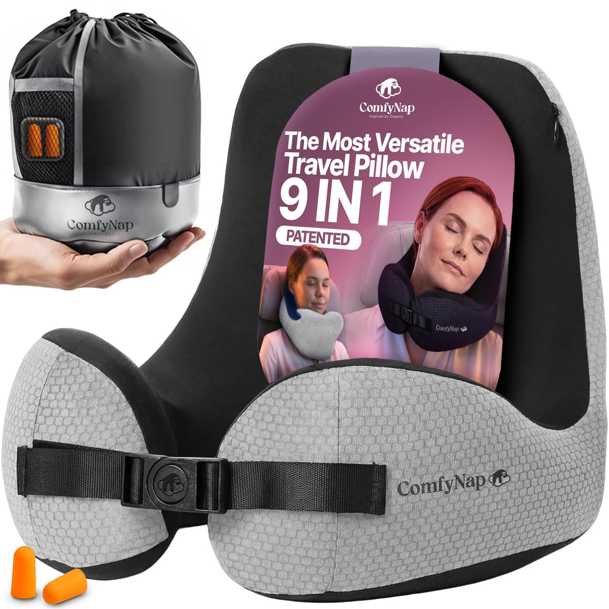 ComfyNap Moon neck pillow front view highlighting ergonomic support for flights.