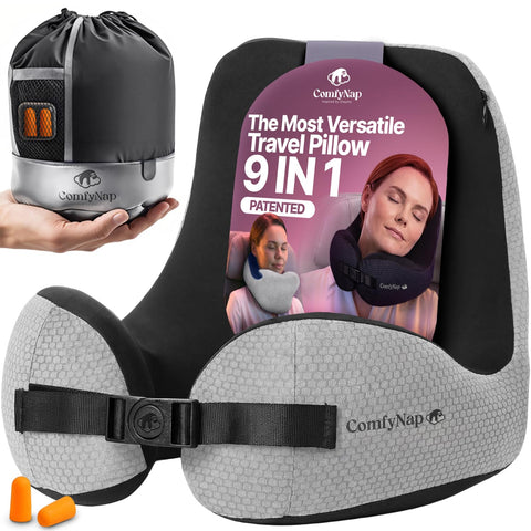 ComfyNap Moon neck pillow front view highlighting ergonomic support for flights.