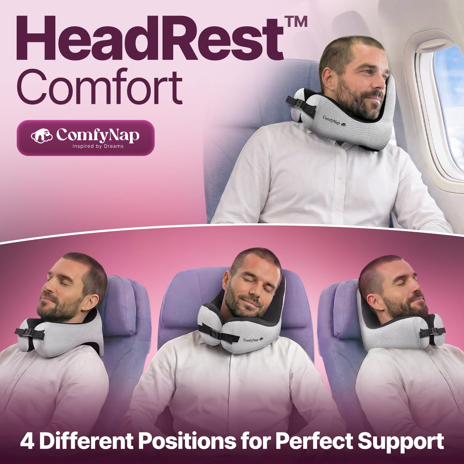 ComfyNap Moon neck pillow side cutaway shows chinrest and head stability.