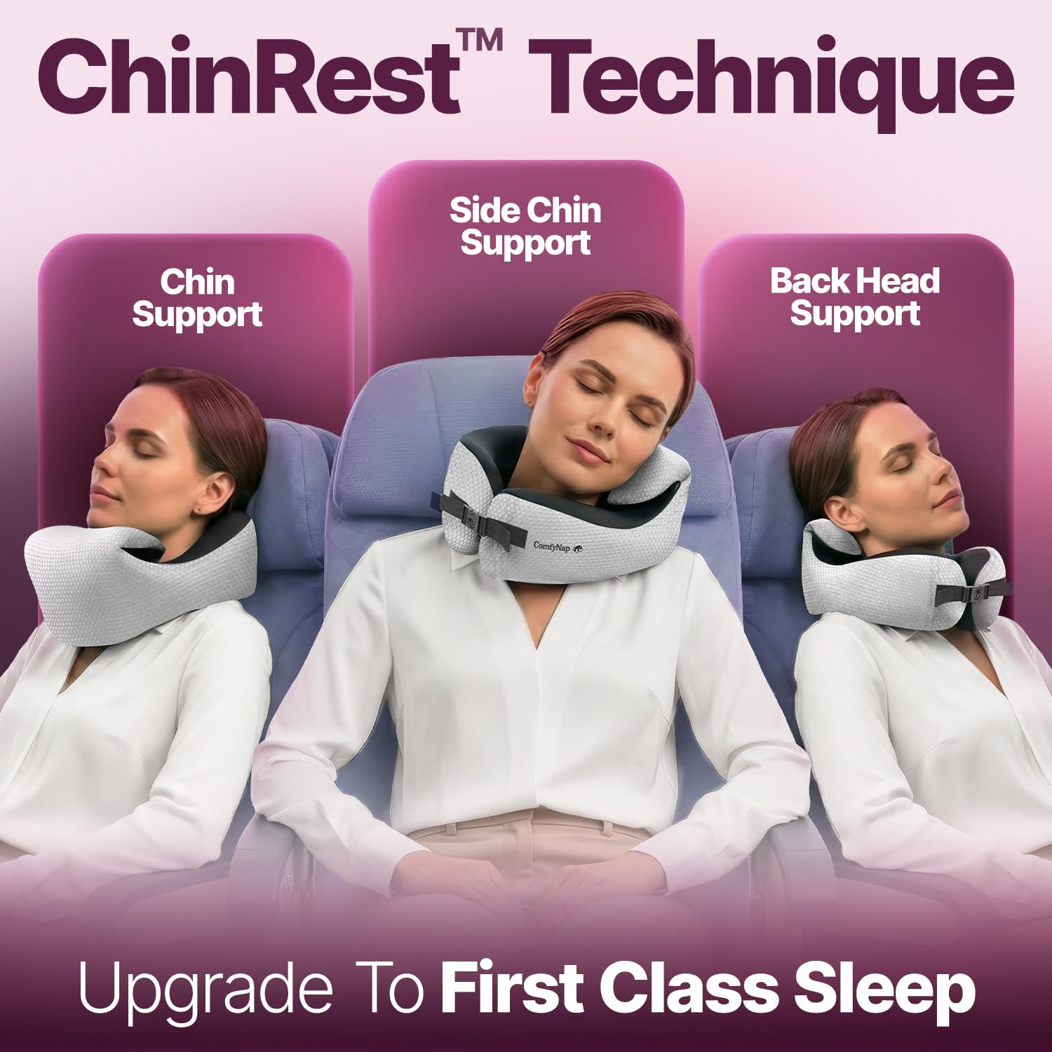 ComfyNap Moon pillow folded into plush tray cushion for on-the-go comfort.