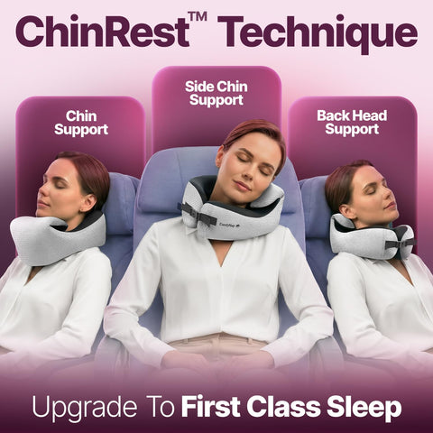ComfyNap Moon pillow folded into plush tray cushion for on-the-go comfort.