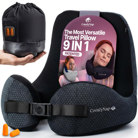 ComfyNap versatile travel neck pillow in fold-under chinrest pose stabilizes head during flights