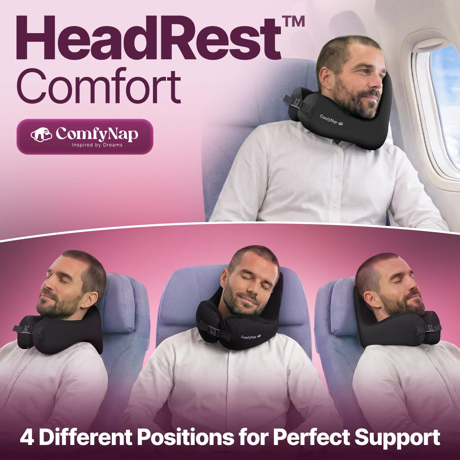 ComfyNap neck pillow with headrest positions supports side or window sleeps