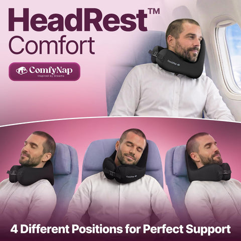 ComfyNap neck pillow with headrest positions supports side or window sleeps