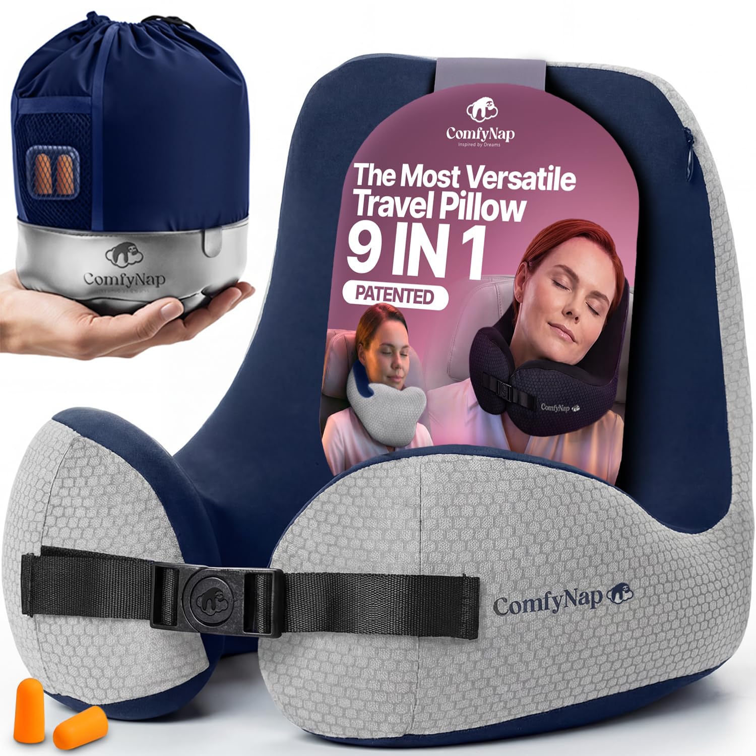 ComfyNap versatile travel pillow in 9-position setup offering customizable neck support.