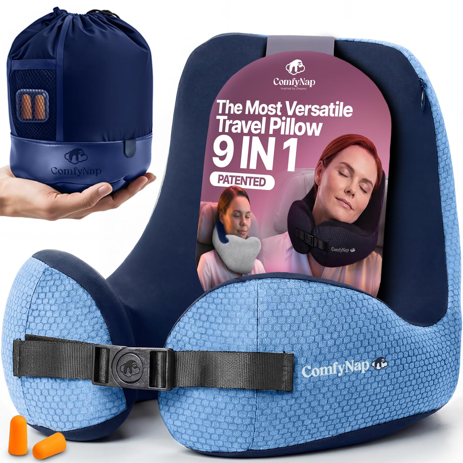 ComfyNap versatile travel pillow demonstrates 9 positions for secure head support during flights.