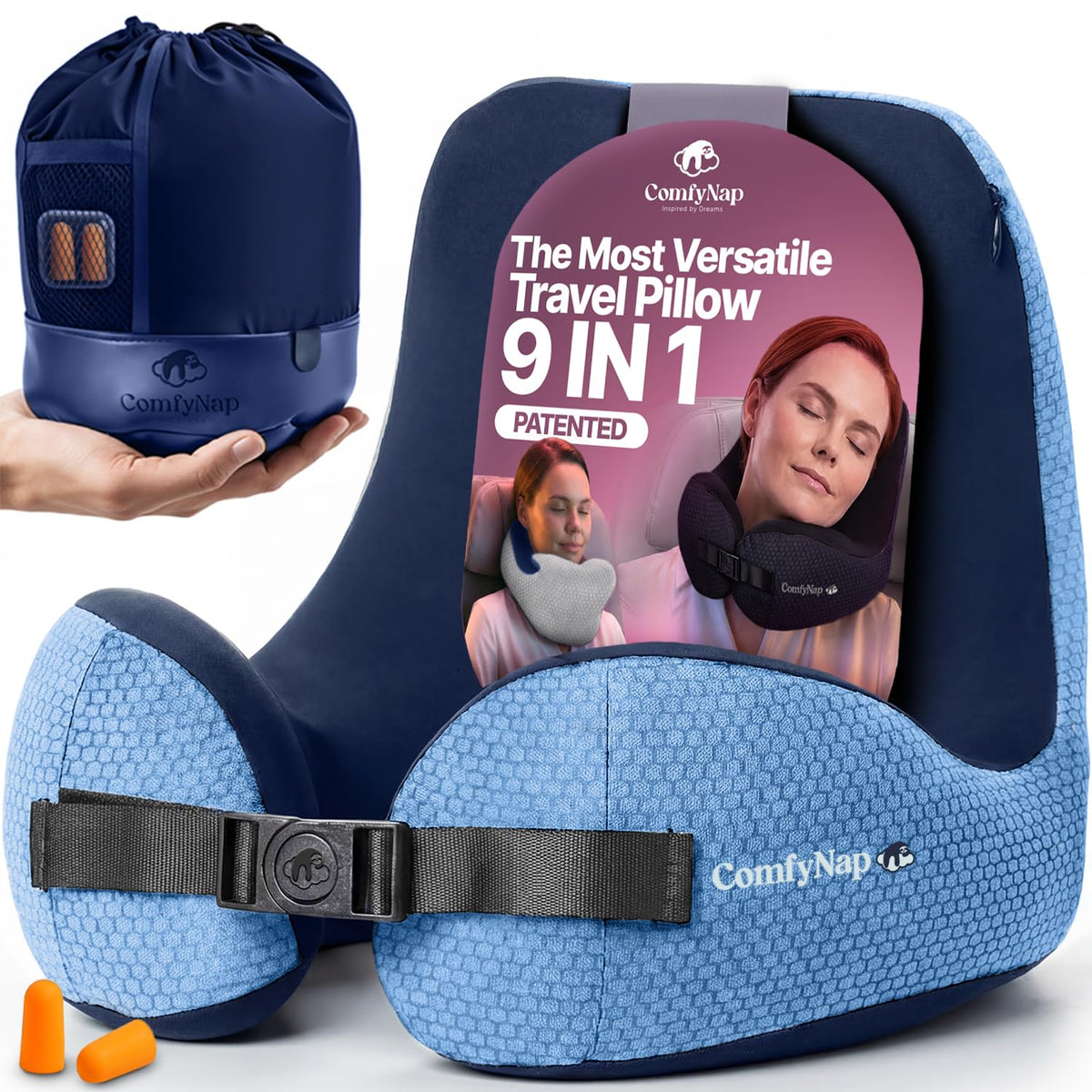 ComfyNap versatile travel pillow demonstrates 9 positions for secure head support during flights.