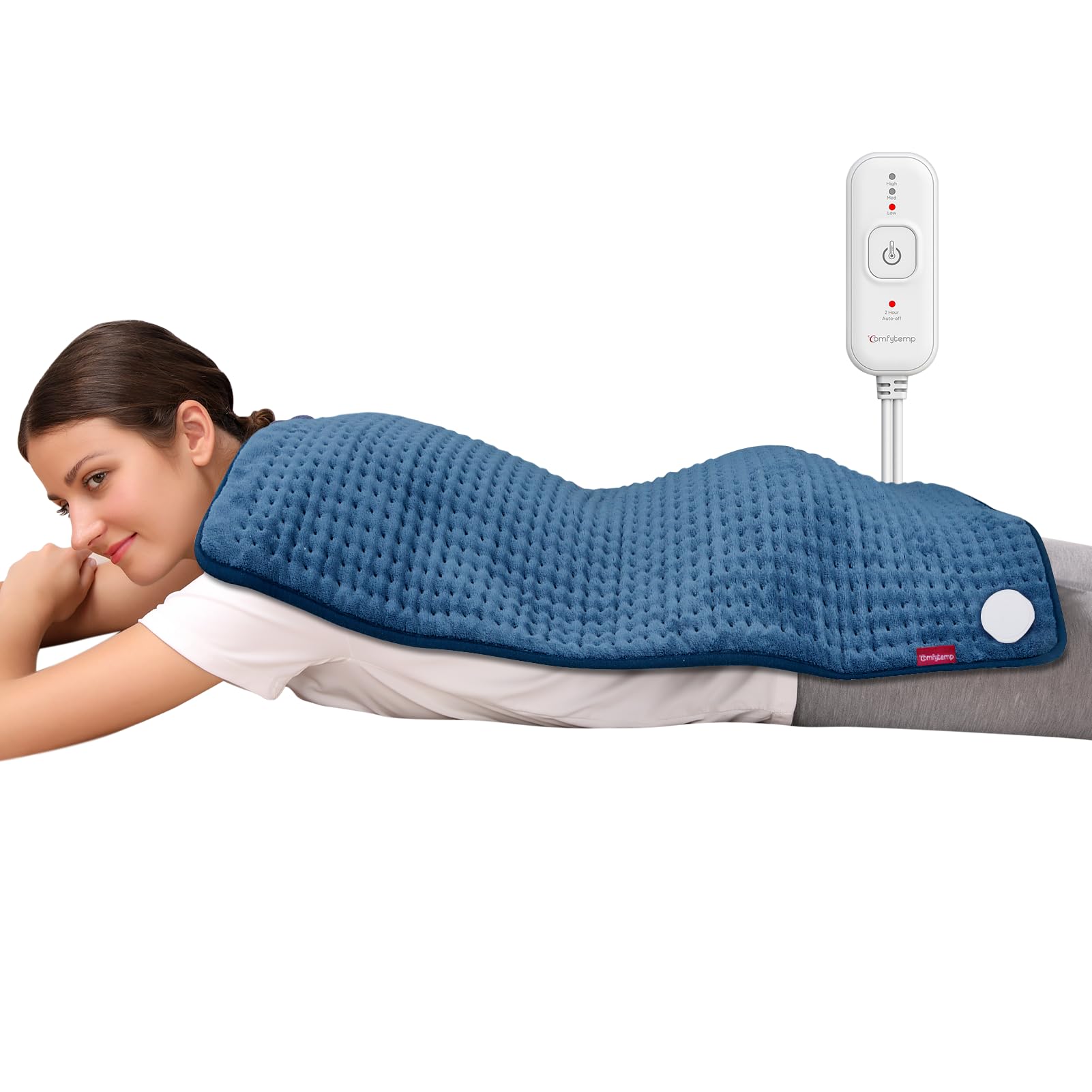 Comfytemp 33x17 heating pad provides back and shoulder warmth for comforting relief.
