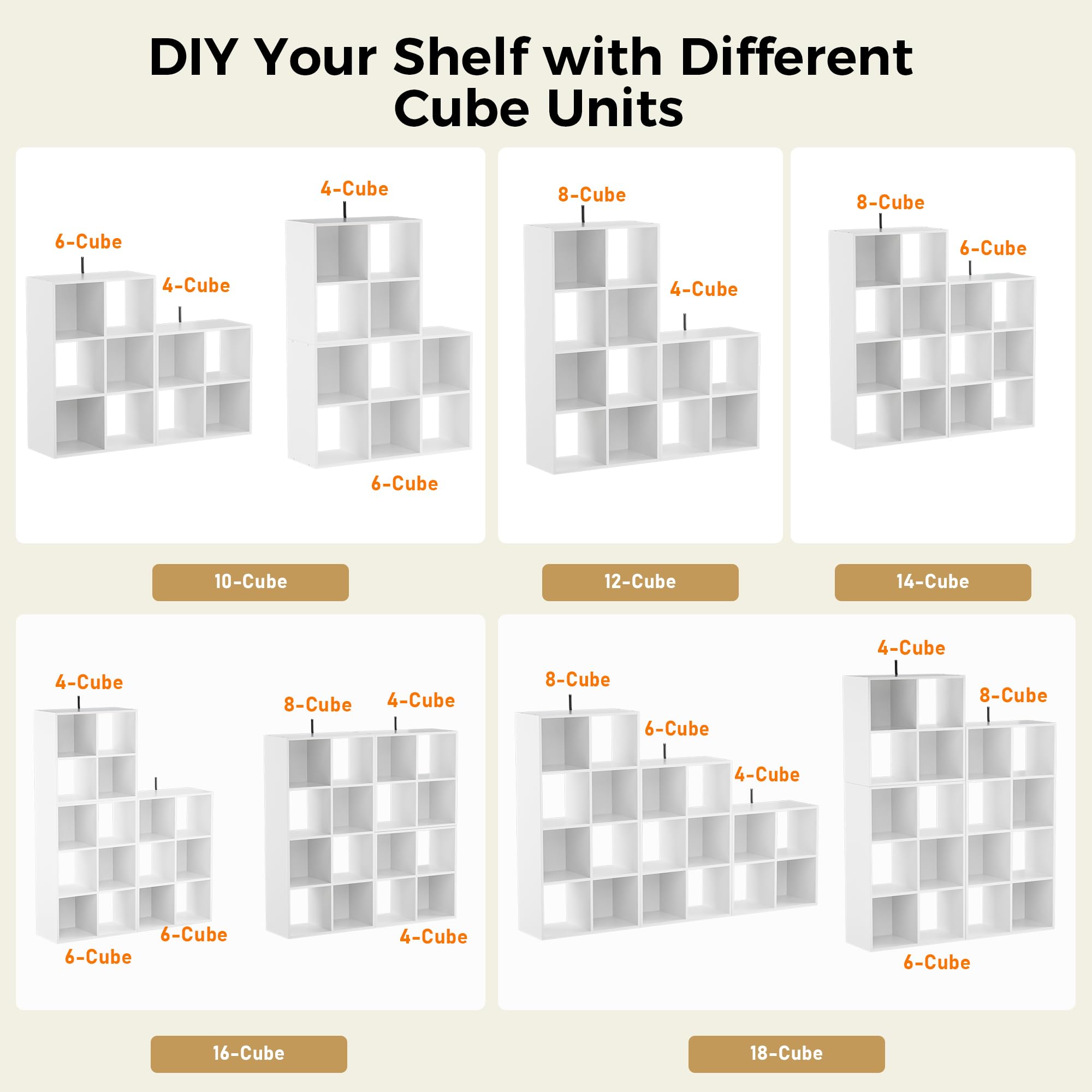 COMHOMA 6-cube storage with bins option highlights customizable storage with 11-inch bins.