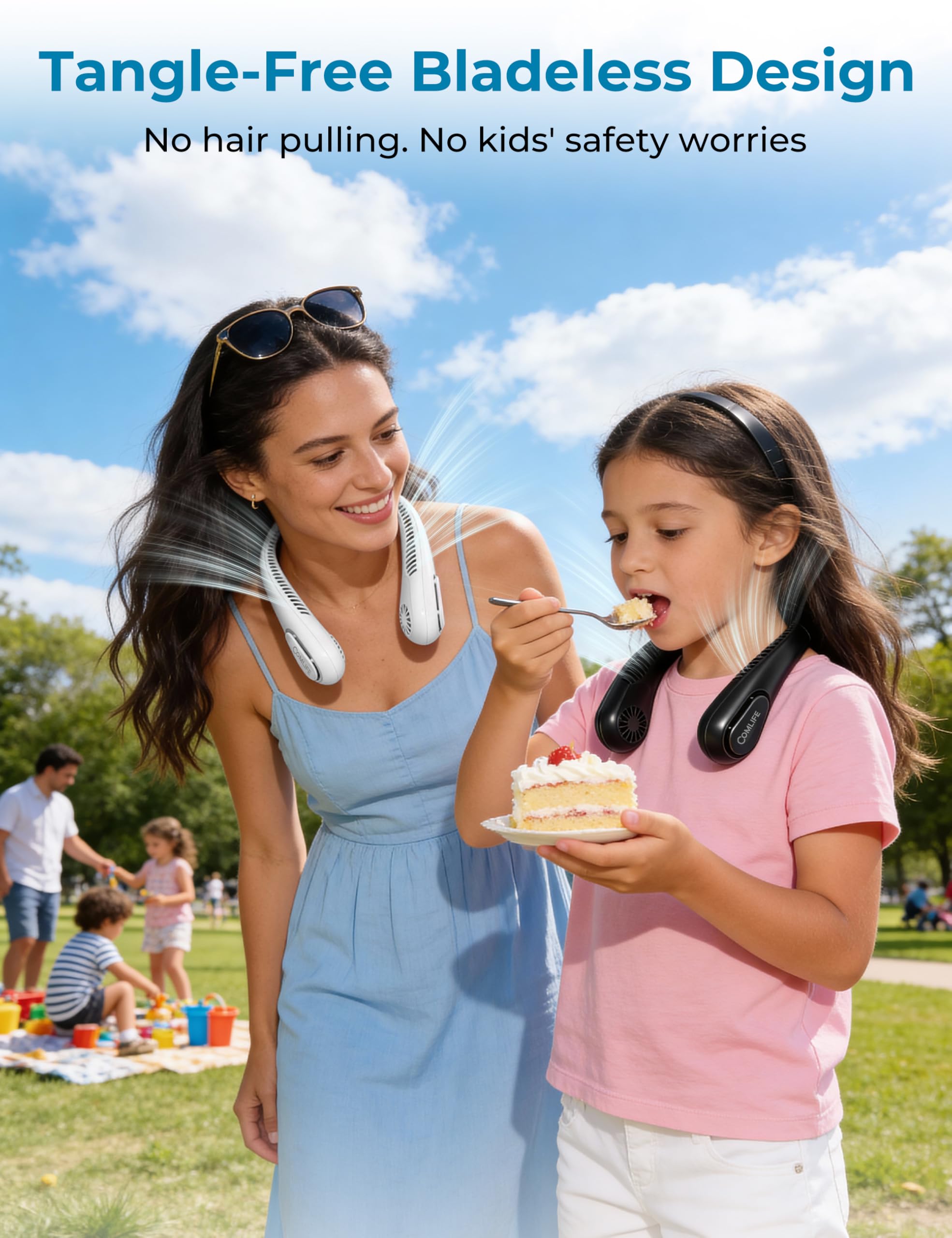COMLIFE bladeless neck fan with hair-friendly design for comfortable wear.