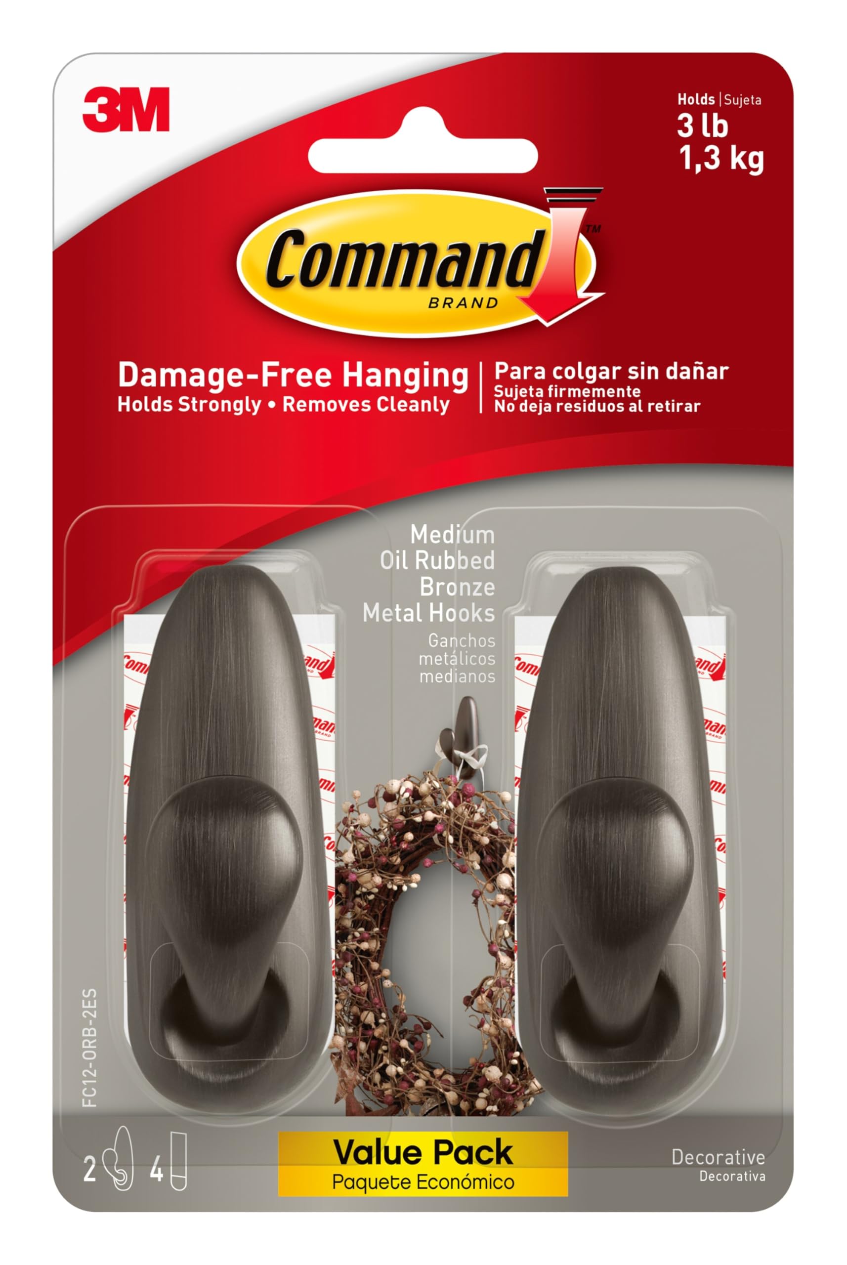 Command Oil Rubbed Bronze medium metal hook front view, ideal for lightweight hats and bags.