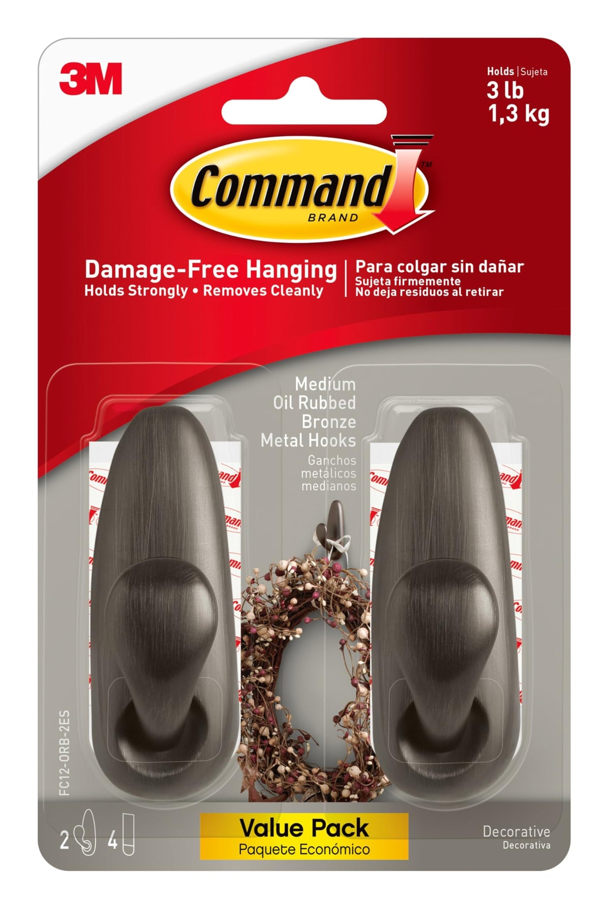 Command Oil Rubbed Bronze medium metal hook front view, ideal for lightweight hats and bags.