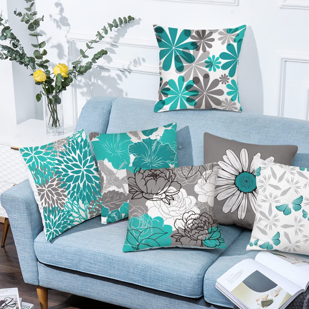 COMMINY teal grey pillow cover with daisy-pattern enhances calm modern flair in bedroom setup