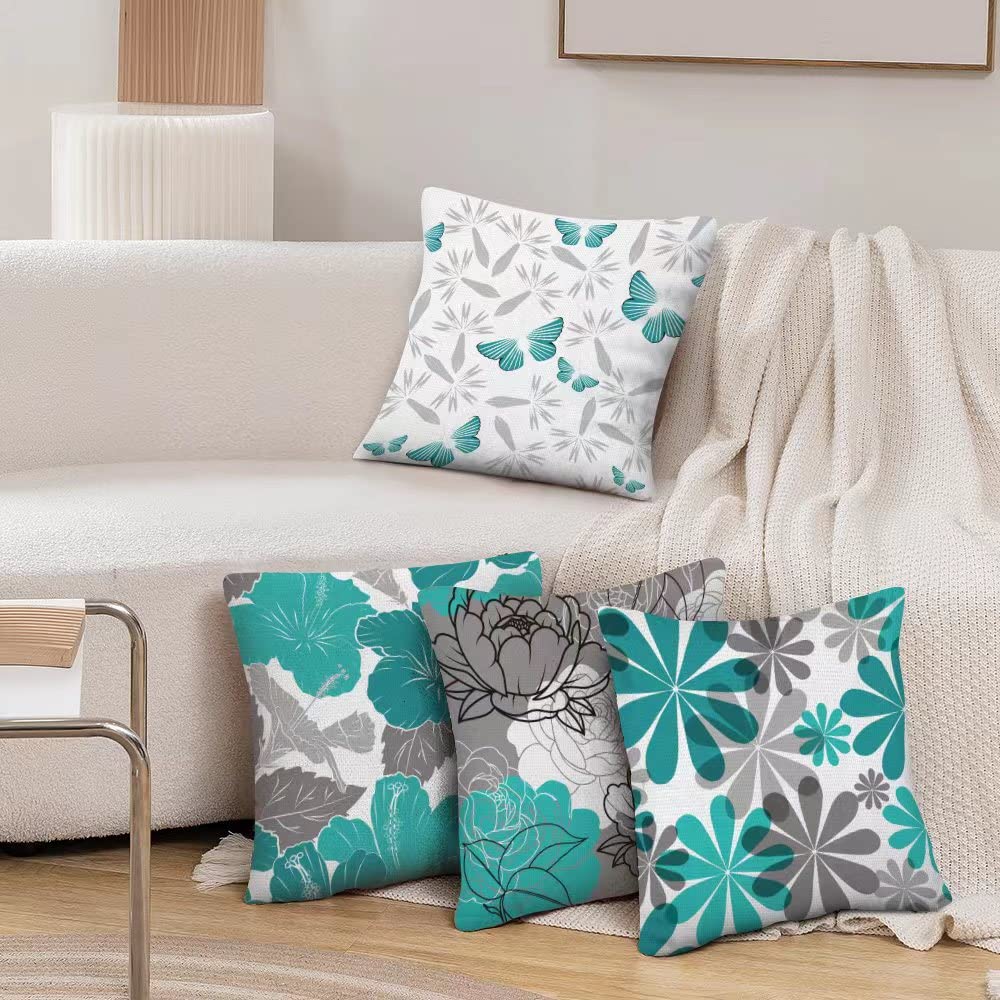 COMMINY teal grey pillow cover on sofa demonstrates stylish daisy pattern elevating living room decor