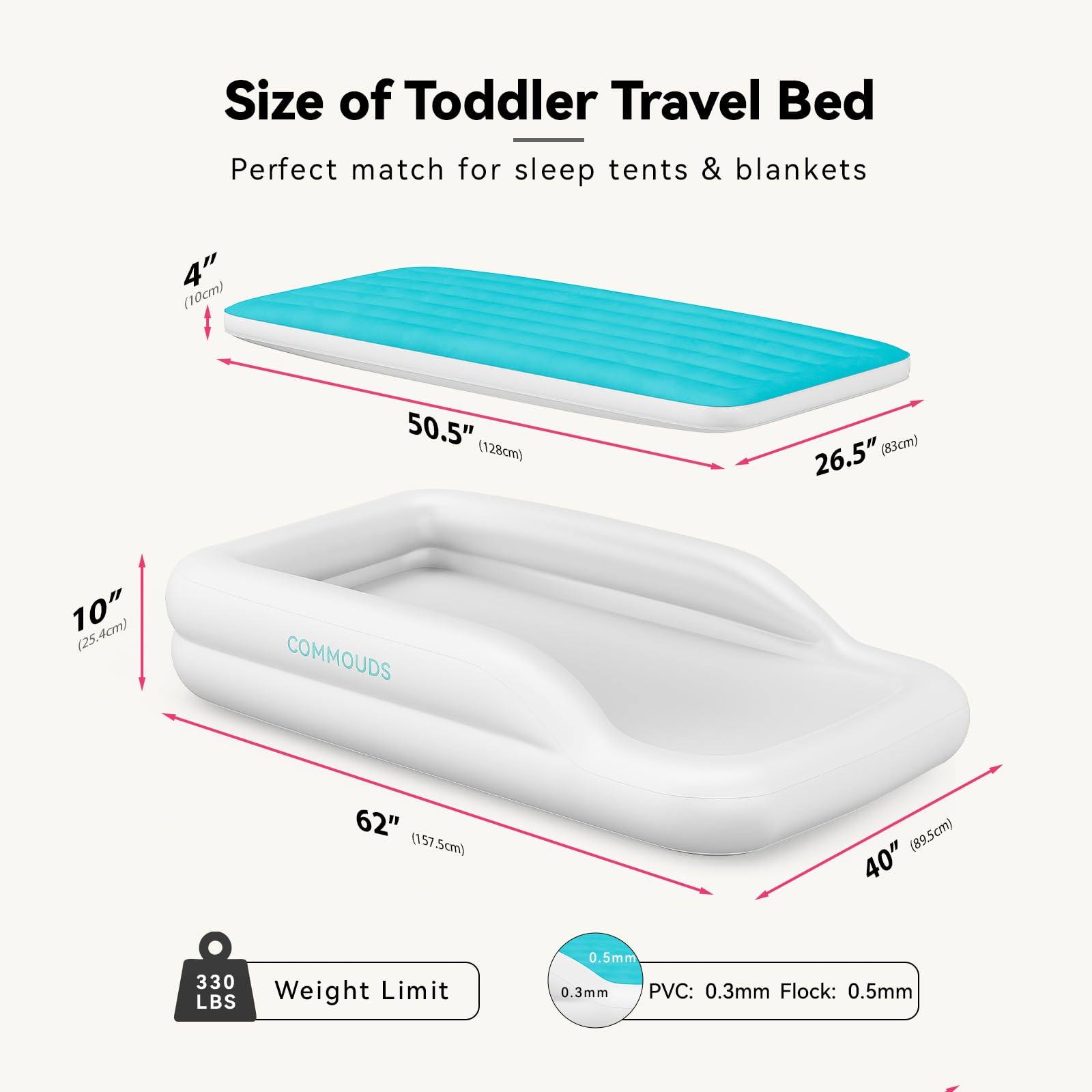 COMMOUDS inflatable kid mattress with quick-pump setup for travel