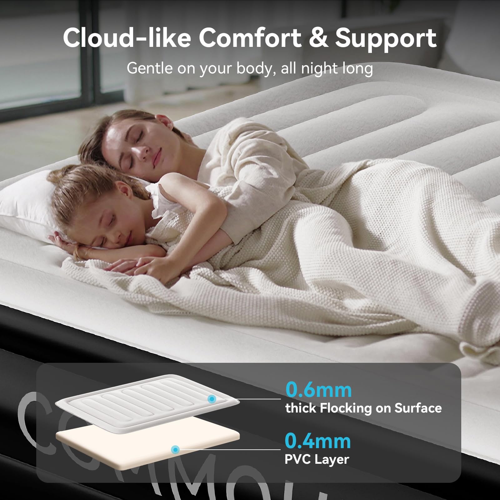 COMMOUDS Queen air mattress features durable I-beam design for strong nighttime support.