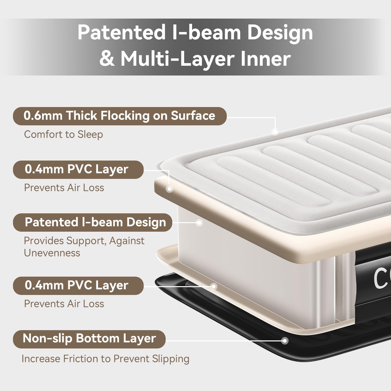COMMOUDS Queen air mattress with soft flocked top for plush, comfortable sleep.
