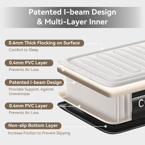COMMOUDS Queen air mattress with soft flocked top for plush, comfortable sleep.