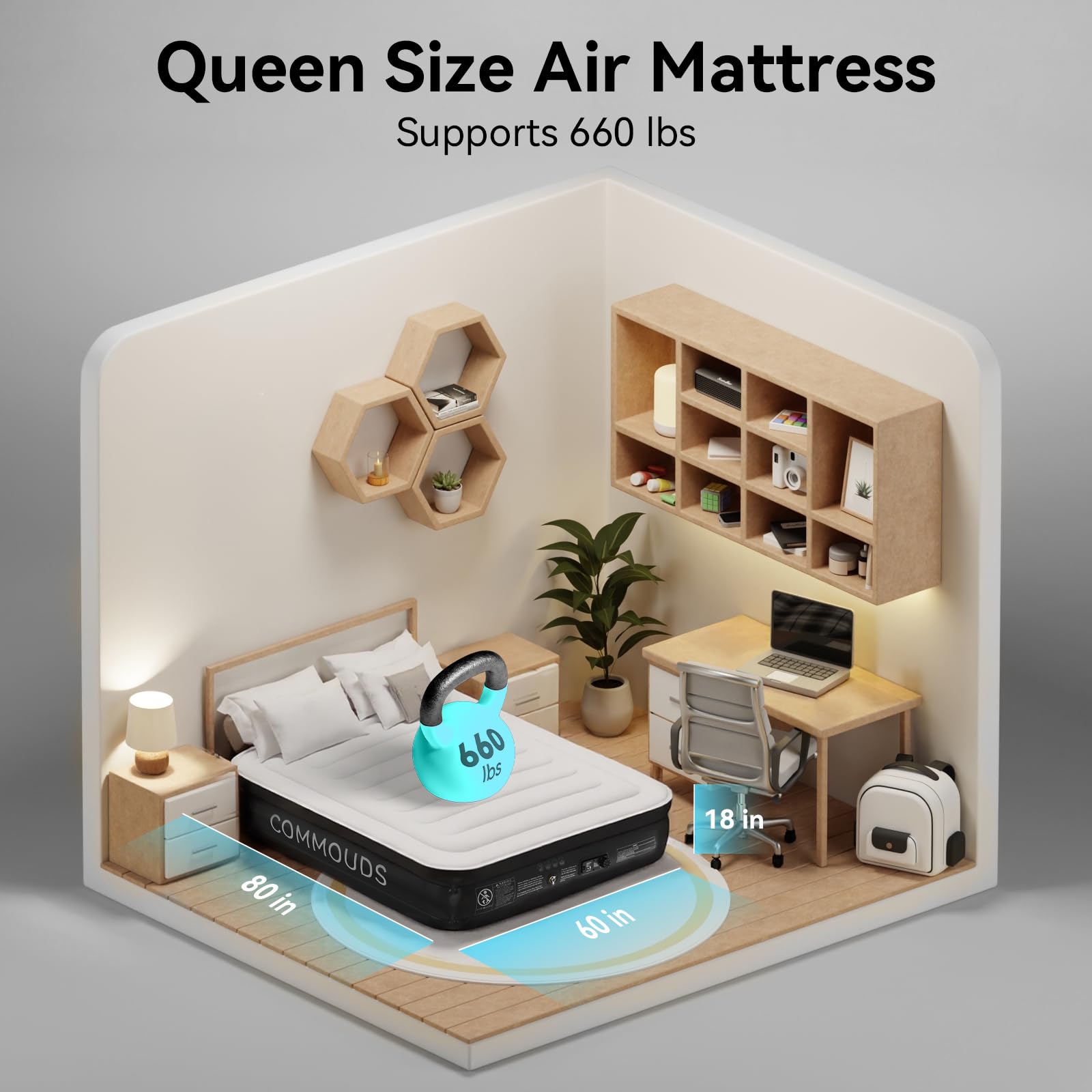 COMMOUDS Queen air mattress has a non-slip bottom to keep sheets in place.