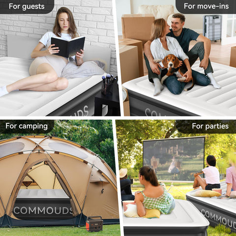 COMMOUDS Queen air mattress folds into a compact carry bag for travel.