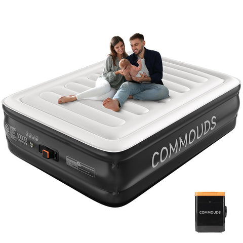 COMMOUDS queen air mattress with pump for cordless inflation and quick setup.