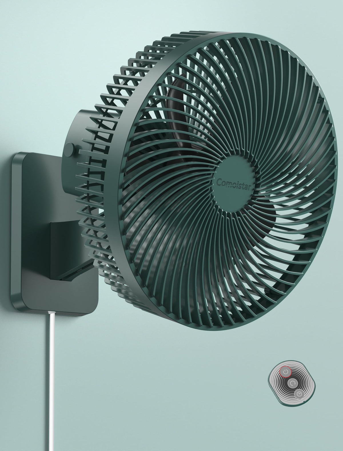Comoistar 10-inch wall-mount fan with remote for easy cooling in small spaces.
