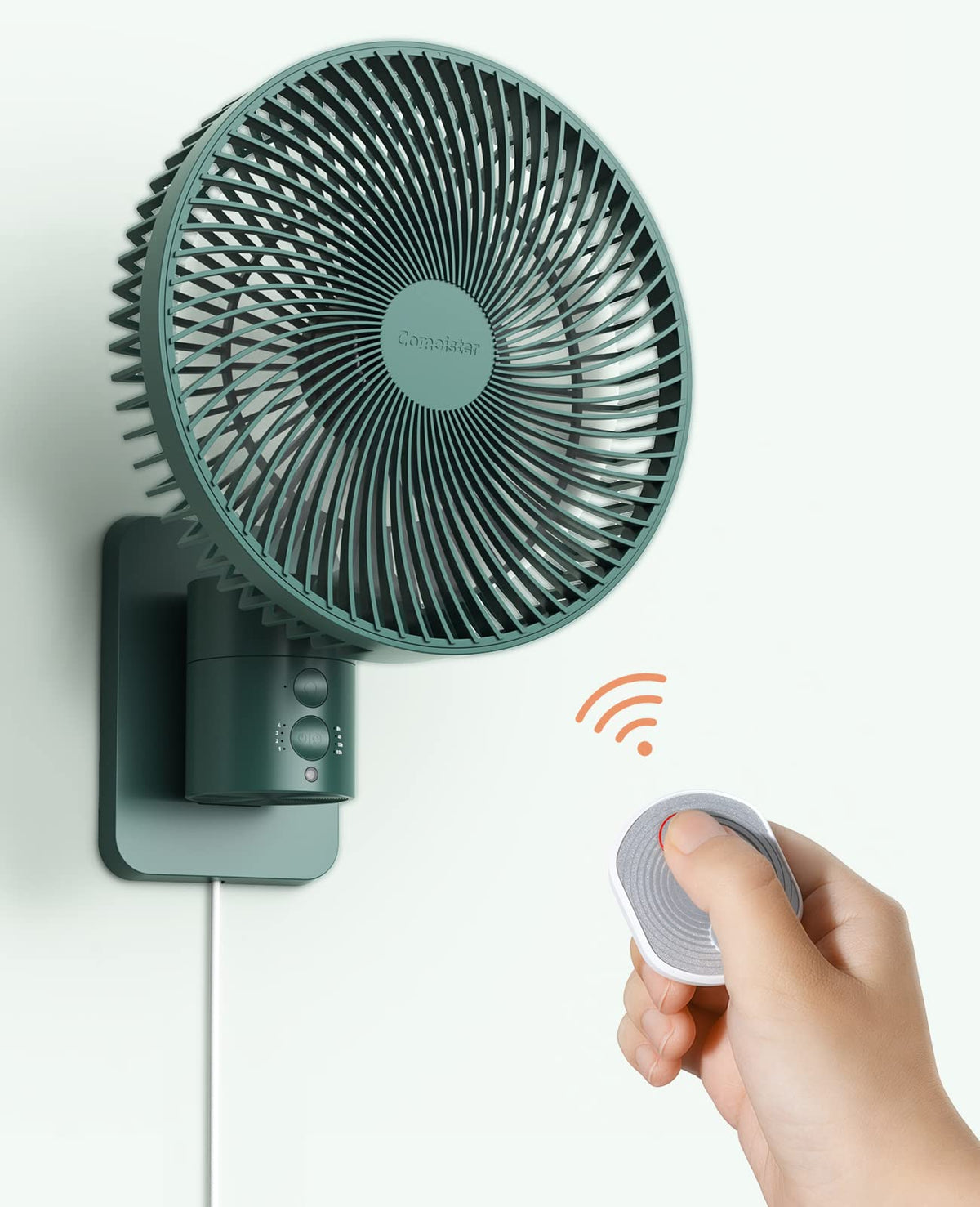 Comoistar wall-mounted fan front view showing compact design and fit for small rooms