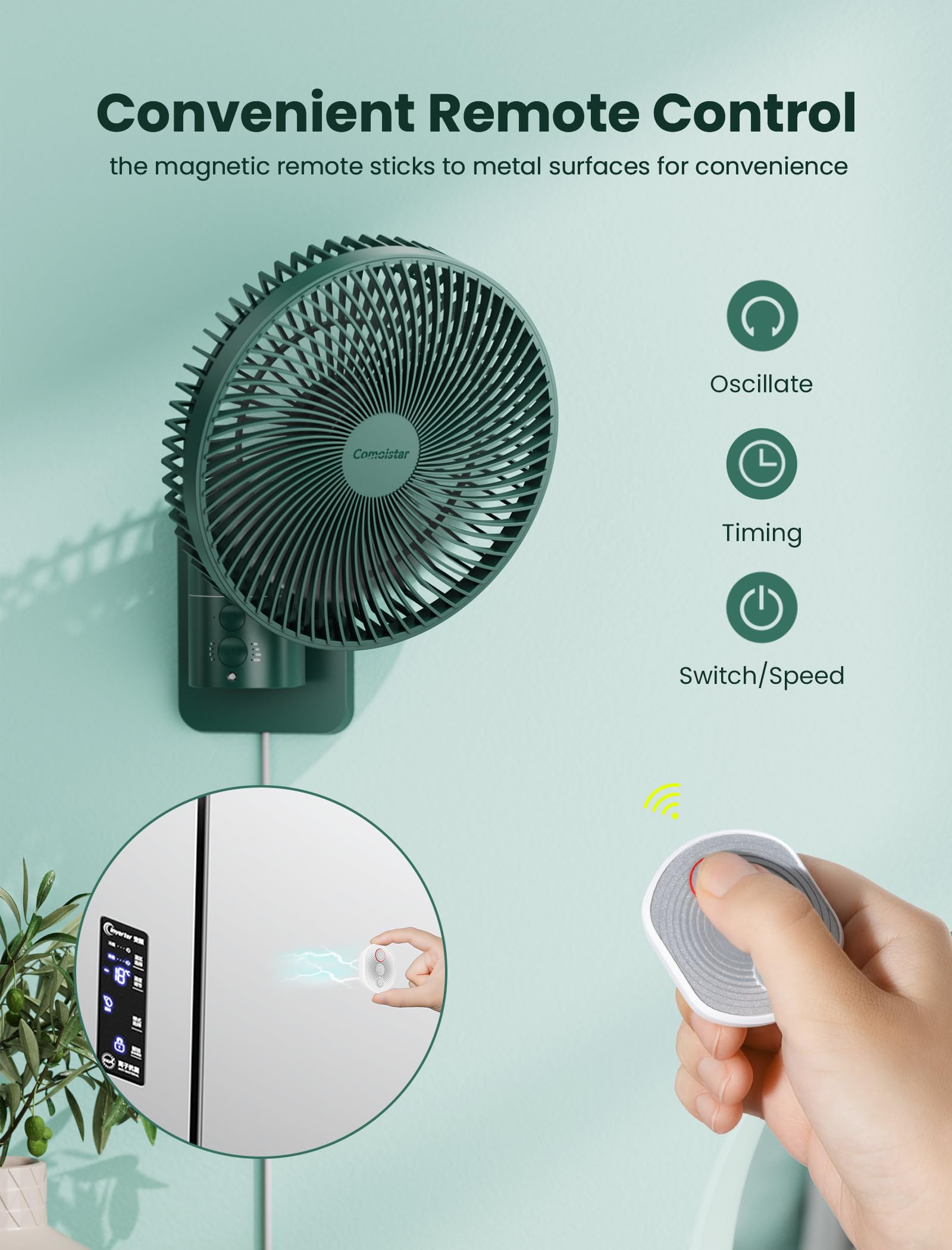Comoistar wall-mounted fan displaying 90-degree oscillation for wide coverage
