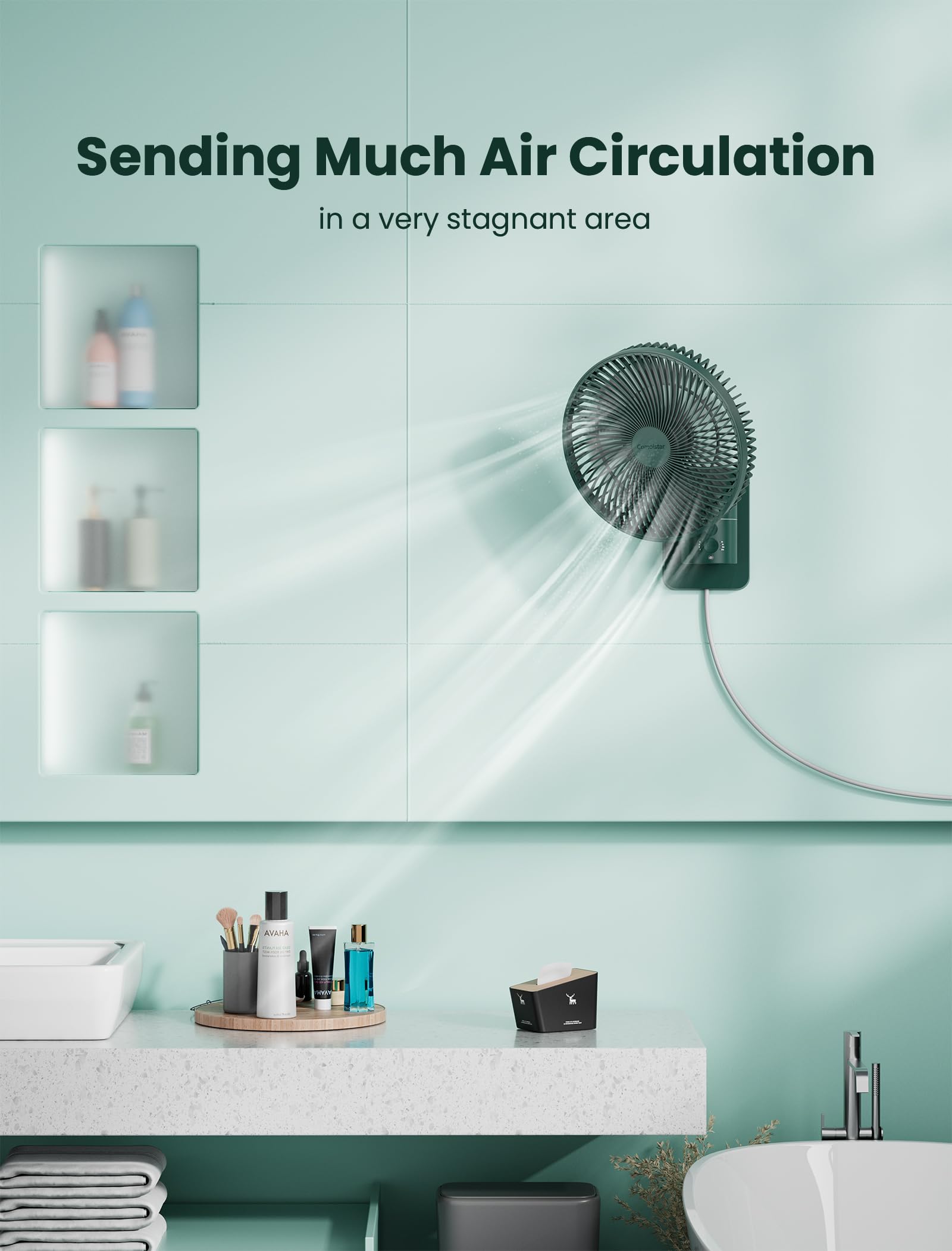 Comoistar wall mount with adhesive securing a lightweight fan to a wall