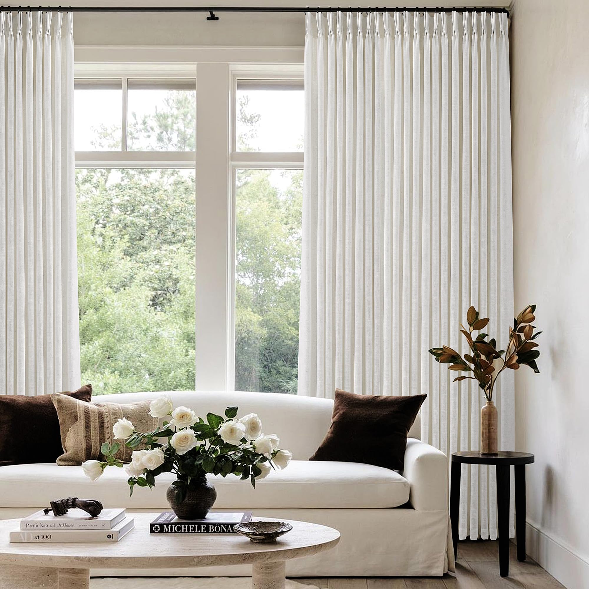 COMON HOME floor-to-ceiling curtains create a lofty, airy atmosphere