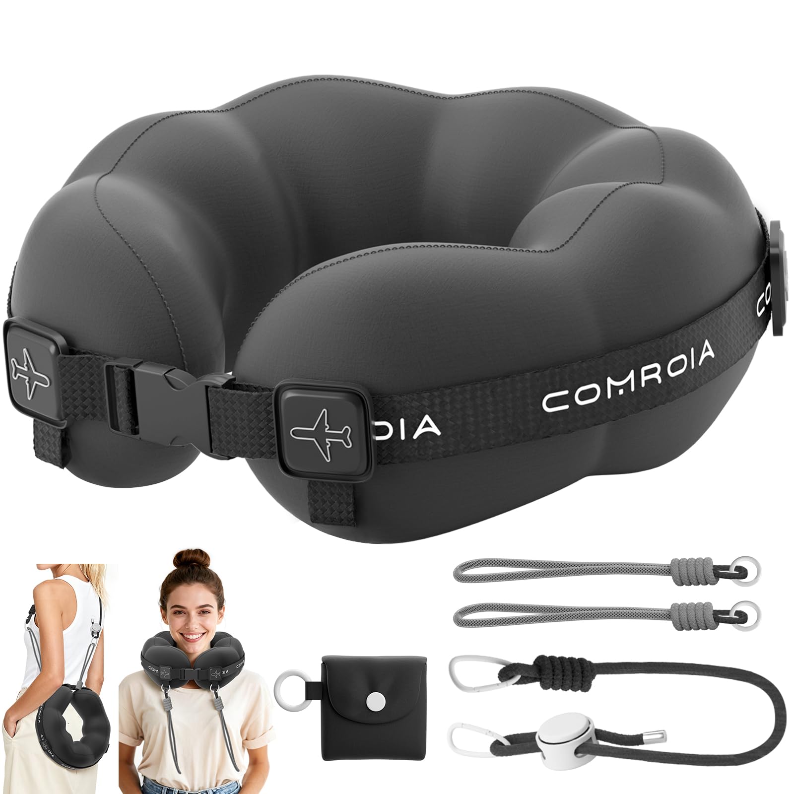 ComRola travel neck pillow delivers 360° support for restful long-flight sleep.