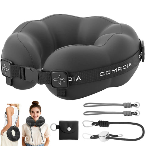 ComRola travel neck pillow delivers 360° support for restful long-flight sleep.