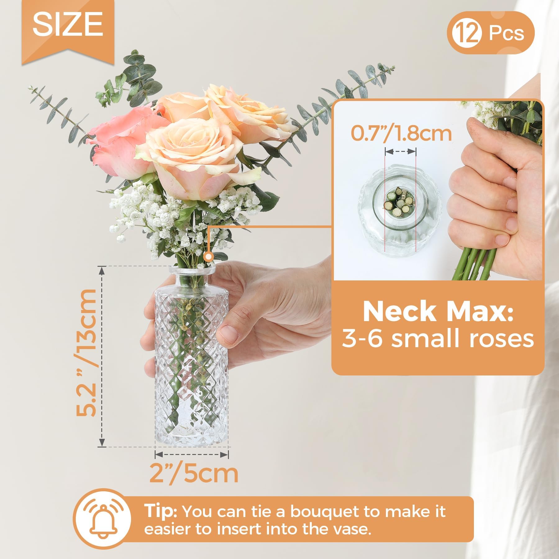 ComSaf bud vase clear diamond pattern – 2-inch size ideal for mini floral accents.