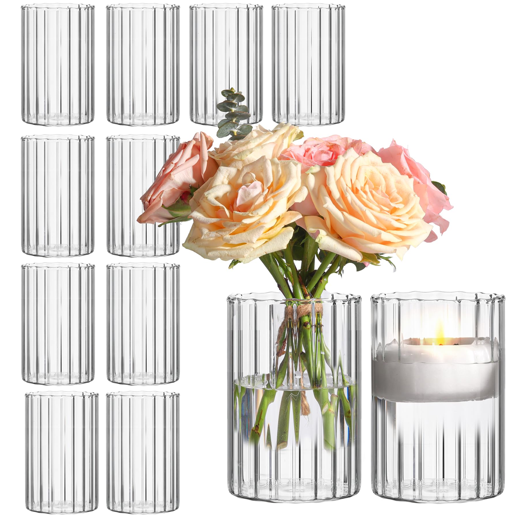 ComSaf glass cylinder vase 12-pack with clear ribbed design for elegant centerpieces