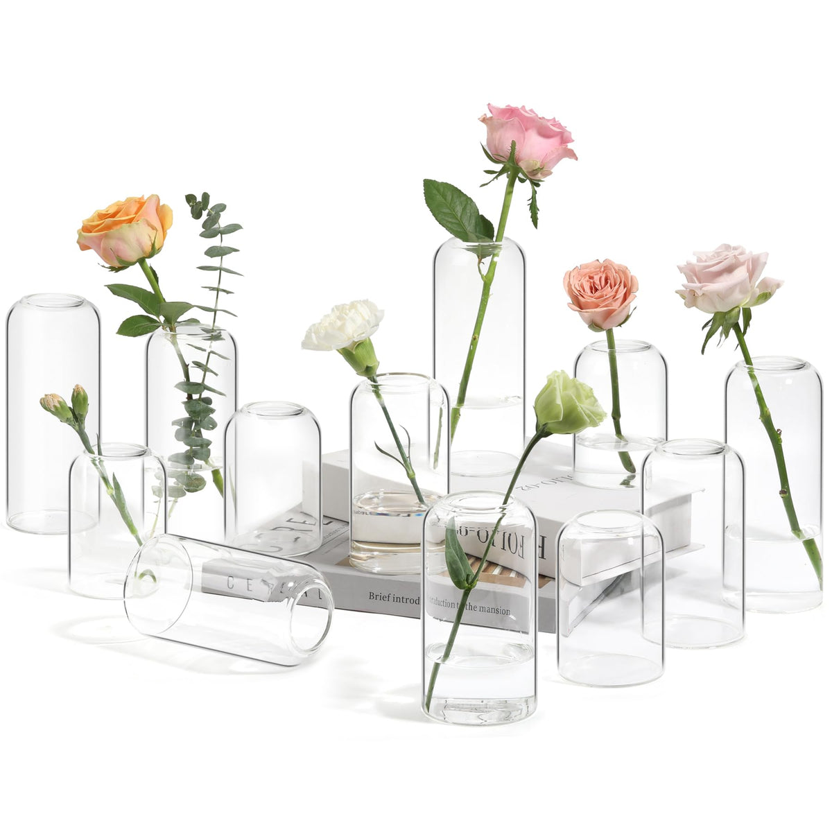 ComSaf small flower vase set twelve-piece in clear glass for bulk decor displays.