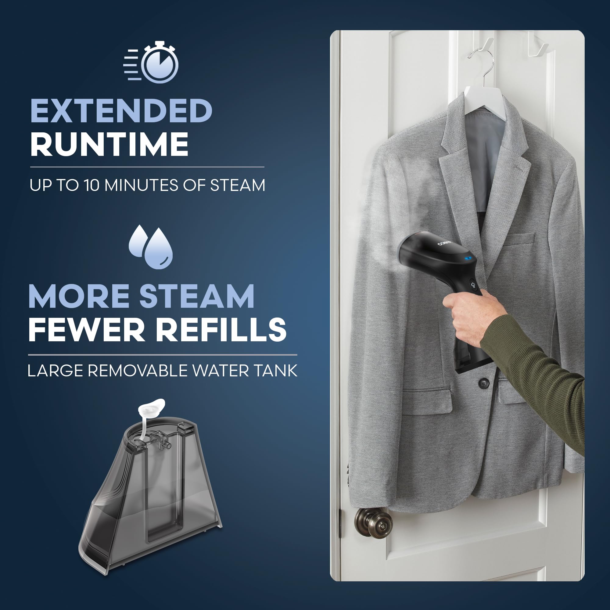 Conair bristle brush attachment deepens steam on heavier garments.